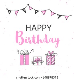 Happy Birthday greeting card and party invitation templates, black and pink colors. Hand drawn elements for perfect  girls design. 