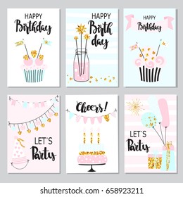 Happy birthday greeting card and party invitation templates, collection with cake, balloons, sparkler and garlands. Festive backgrounds in vector.