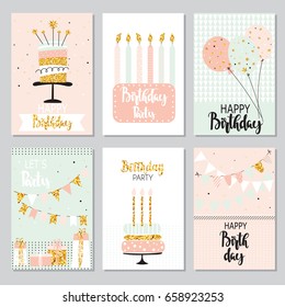 Happy birthday greeting card and party invitation collection with cake, balloons, sparkler and garlands. Festive backgrounds.