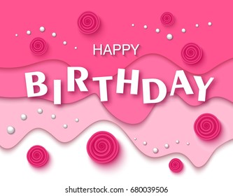 Happy birthday greeting card and party invitation template with beautiful flowers and pearls. Vector illustration.