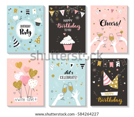 Happy birthday greeting card and party invitation templates, vector illustration, hand drawn style