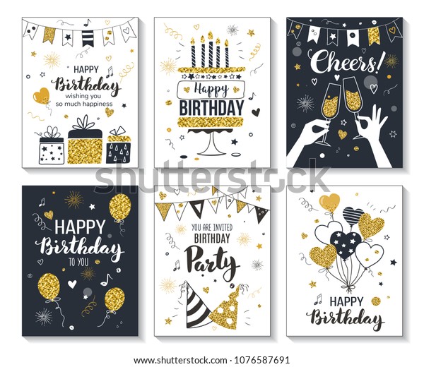 Happy birthday greeting card and party invitation\
templates, vector illustration, hand drawn style, black and gold\
colors