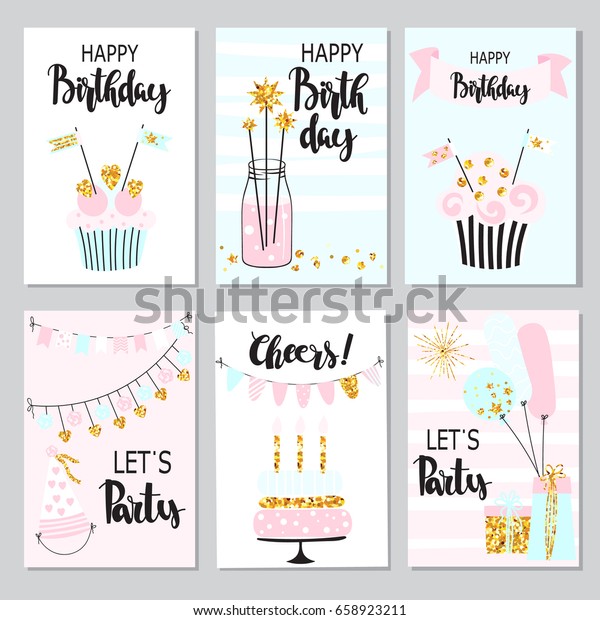 誕生日記念カードとパーティーの招待テンプレート ケーキ 風船 スパークラー ガーランドとコレクション ベクター画像のお祝いの背景 のベクター画像素材 ロイヤリティフリー