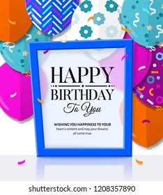 Happy Birthday greeting card with patterned balloons in flat style. Stylish lettering in blue frame. Vector.