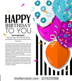 Happy Birthday greeting card with patterned balloons in flat style. Confetti and black stripes on background. Vector.