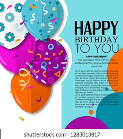 Happy Birthday greeting card with patterned balloons in flat style. Vector.