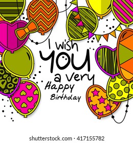 Happy birthday greeting card. Patterned balloons with stars, polka dots, hearts, leopard, chevrons, stripes. Colorful bunting flags and ropes. Wishes. Vector.
