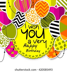 Happy birthday greeting card. Patterned balloons with stars, polka dots, hearts, leopard, chevrons, stripes. Colorful bunting flags and ropes. Card showing wishes or place for your text. Vector.