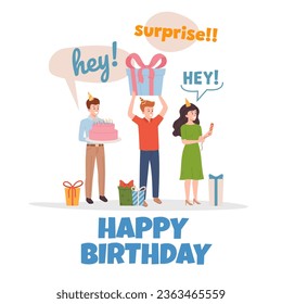 Tarjeta de felicitación de cumpleaños, gente feliz con cajas de regalo, ilustración vectorial plana sobre fondo blanco. Los amigos están haciendo una fiesta sorpresa con el pastel. Celebración del cumpleaños.