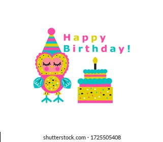 happy birthday greeting card with a picture of an owl in a cap with a cake