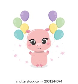Happy birthday greeting card with pig and balloons. Flat vector cartoon design