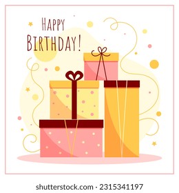 Happy birthday greeting card. Pile of colorful gift boxes in festive wrapping paper with ribbon and bows. Birthday party, celebration, congratulations, invitation concept. Postcard, card, cover