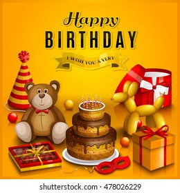 Happy birthday greeting card. Pile of colorful wrapped gift boxes. Lots of presents and toys. Party hats, teddy bear, cake, dog balloon, box of chocolates, ribbon, playing balls on yellow background