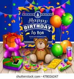 Happy birthday greeting card. Pile of colorful wrapped gift boxes. Lots of presents and toys. Party balloons, teddy bear, cocktail, dog balloon, candies, stars, blower, playing ball and colorful frame