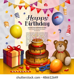 Happy birthday greeting card. Pile of colorful wrapped gift boxes. Lots of presents and toys. Party balloons, playing ball, bunting flag, teddy bear, cake, masquerade, candy and confetti. Ornament