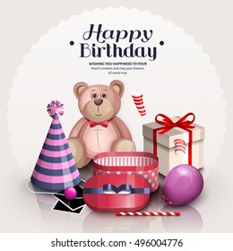 Happy birthday greeting card. Pile of colorful wrapped gift boxes. Lots of presents and toys in retro, vintage style. Party balloon, party hat, pink teddy bear.