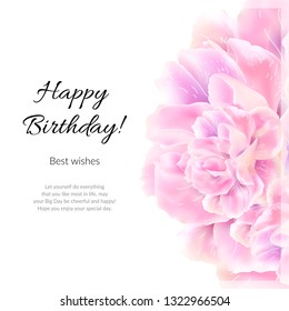 Happy Birthday greeting card with pink flowers. Spring season. Elegant luxury design. Vector illustration