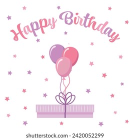 Happy birthday greeting card with pink baloons, a gift box and colorful stars on the backgrouns vector illustration