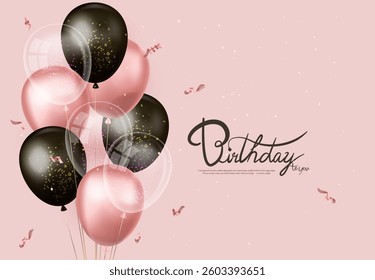 Happy birthday greeting card with pink, black and transparent balloons