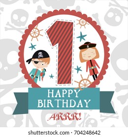 Happy Birthday greeting card with pirate theme. Vector illustration