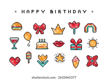 Happy Birthday Greeting Card. Pixel Art Set with Cute Birthday Party Items. 8 bit pixel icons. Vector illustration