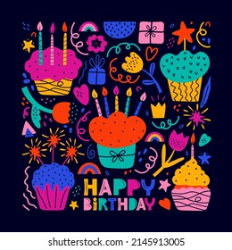 Happy birthday greeting card in pop art style. Colorful abstract shapes and elements on black background. Bday cake, gift, flowers, heart, golden crown, star. Vector illustration in scandinavian style