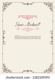 Happy birthday greeting card. Postcard template in retro style. Vintage elements with typography and place for text.