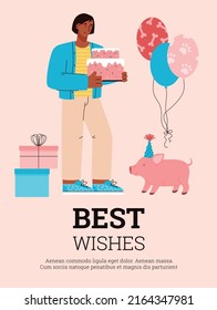 Happy birthday greeting card or postcard with festive inscription and woman with mini pig. Pets birthday celebration banner or card design, flat vector illustration.