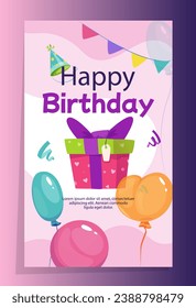 Happy Birthday greeting card. Postcard with gift, balloons and garland to congratulate child on holiday. Design element for party invitation. Cartoon flat vector illustration isolated on background