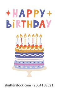 Happy Birthday Greeting Card. Poster or banner, simple flat vector illustration with text. Birthday cake. Beautiful Postcard