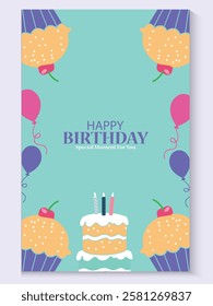 Happy birthday greeting card poster collection set, Birthday greeting template design with cupcake and colorful balloons decoration elements for party invitation card background.