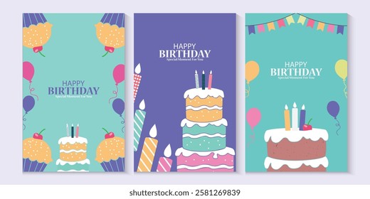 Happy birthday greeting card poster collection set, Birthday greeting template design with cupcake and colorful balloons decoration elements for party invitation card background.