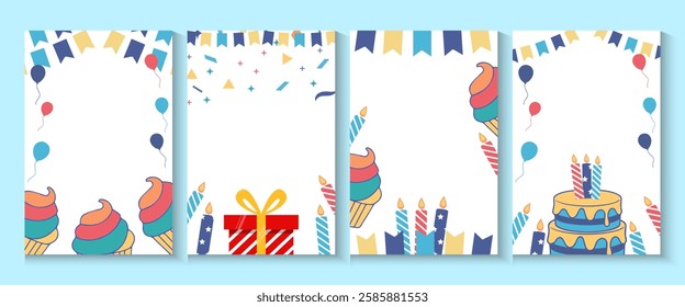 Happy birthday greeting card poster collection set, Birthday greeting template design with cupcake and colorful balloons decoration elements for party invitation card background.