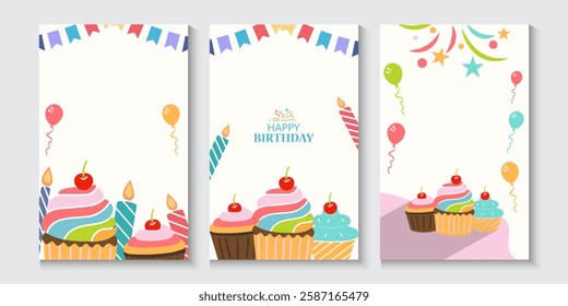 Happy birthday greeting card poster collection set, Birthday greeting template design with cupcake and colorful balloons decoration elements for party invitation card background.