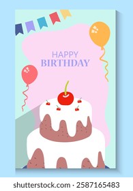 Happy birthday greeting card poster collection set, Birthday greeting template design with cupcake and colorful balloons decoration elements for party invitation card background.