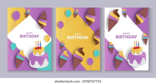 Happy birthday greeting card poster collection set, Birthday greeting template design with cupcake and colorful balloons decoration elements for party invitation card background.
