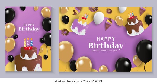 Happy birthday greeting card poster collection set, Birthday greeting template design with cupcake and colorful balloons decoration elements for party invitation card background.