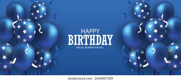 Happy birthday greeting card poster collection set, Birthday greeting template design with blue baloons and confetti, decoration suitable for use on boys' birthday party,  invitation card background.