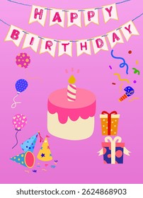 Happy birthday greeting card or poster with balloons, gift and cake on pink background. (original illustration, not AI-generated )
