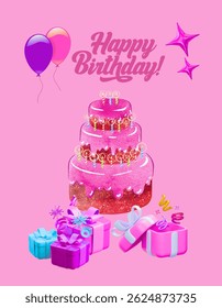 Happy birthday greeting card or poster with balloons, gifts and cake at pink background. (original illustration, not AI-generated )