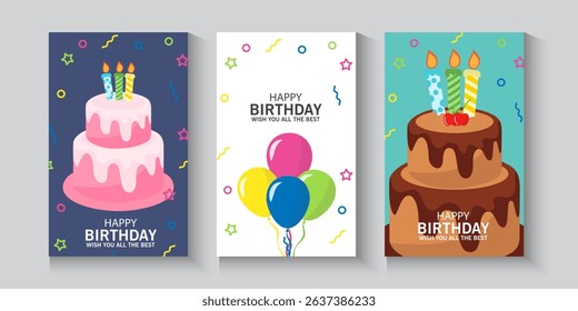 Happy Birthday greeting card poster, banner and invitation templates with glitter elements. Trendy and minimalist with pastel colours, collection of birthday cover with copy space with cake, baloons.