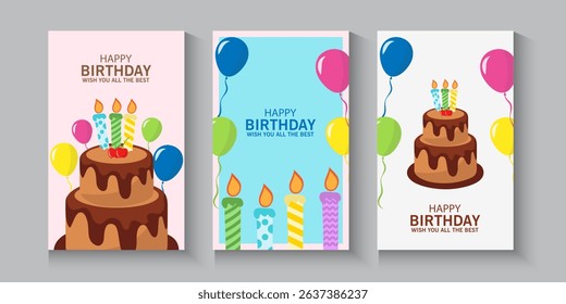 Happy Birthday greeting card poster, banner and invitation templates with glitter elements. Trendy and minimalist with pastel colours, collection of birthday cover with copy space with cake, baloons.