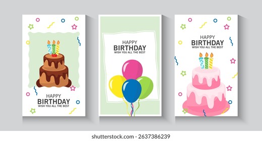 Happy Birthday greeting card poster, banner and invitation templates with glitter elements. Trendy and minimalist with pastel colours, collection of birthday cover with copy space with cake, baloons.