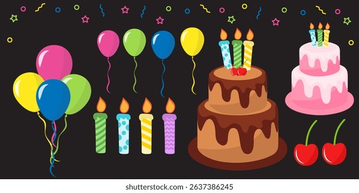 Happy Birthday greeting card poster, banner and invitation templates with glitter elements. Trendy and minimalist with pastel colours, collection of birthday cover with copy space with cake, baloons.