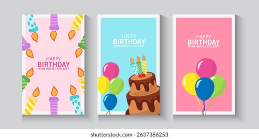Happy Birthday greeting card poster, banner and invitation templates with glitter elements. Trendy and minimalist with pastel colours, collection of birthday cover with copy space with cake, baloons.