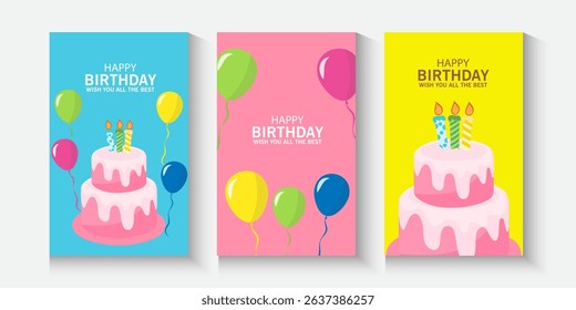 Happy Birthday greeting card poster, banner and invitation templates with glitter elements. Trendy and minimalist with pastel colours, collection of birthday cover with copy space with cake, baloons.