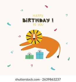Happy birthday greeting card or poster with cute lion, colorful confetti, presents and greeting typography.