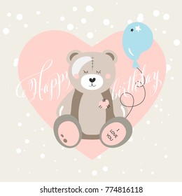 Happy Birthday greeting card or poster template with Teddy bear in flat style, vector illustration. Bear toy with air balloon and heart on background. Trendy illustration for birthday party.