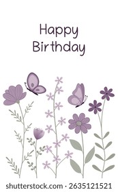 Happy Birthday. Greeting card with purple flowers and butterflies.