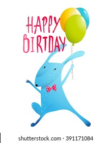 Happy Birthday greeting card. Rabbit congratulating with balloons and bow tie humorous character kids design. Vector illustration.
